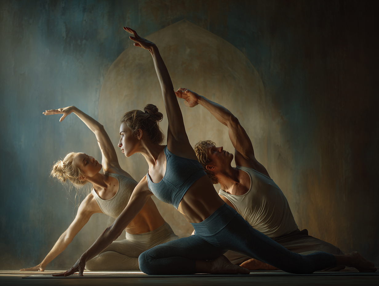 Persona practicando yoga en postura de equilibrio al amanecer